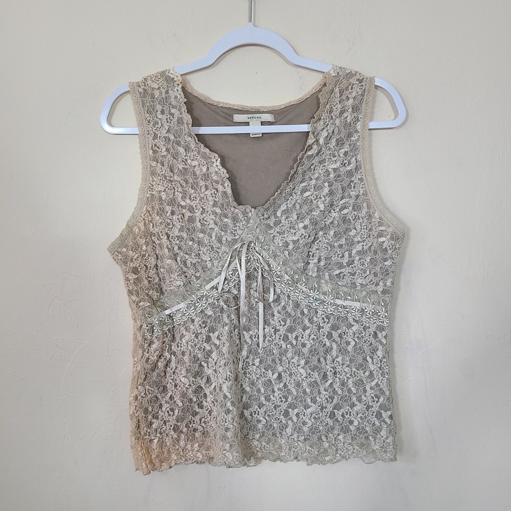 Merona Lace Faded Beige L Babydoll Top Sheer‎ Ethereal Fairy Grunge Cottagecore